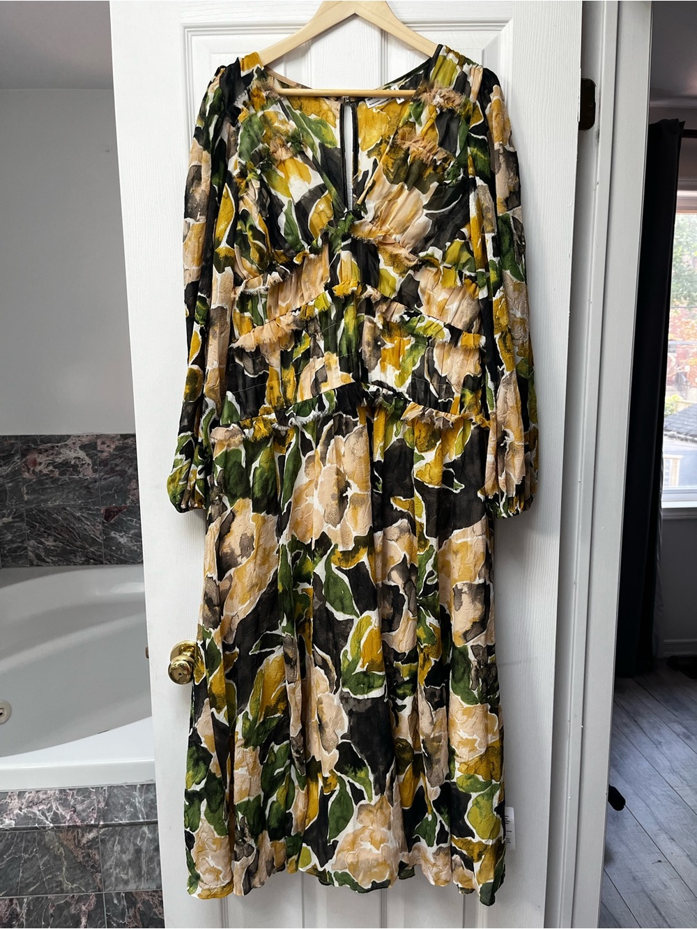 ASOS Floral Long Sleeve Midi Dress - Green, Yellow, Black